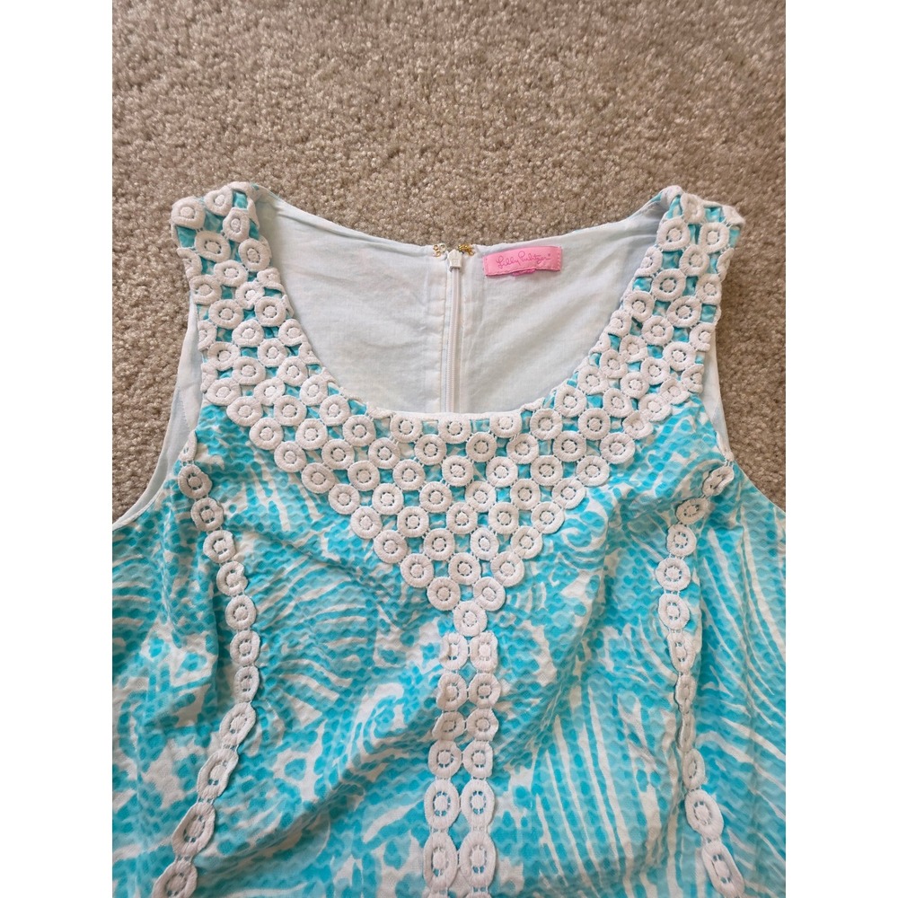 Lilly Pulitzer Turquoise Shell Print Seersucker Shift Dress Crochet Lace Trim 8 - Picture 8 of 12